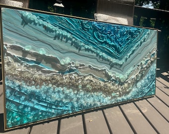 Ocean Water Resin Wall Geode Art 24k Framed Painting Quartz Glass Original Abstract Modern Blue Teal  Crystal Foil Leaf Z Gallerie Hlobik