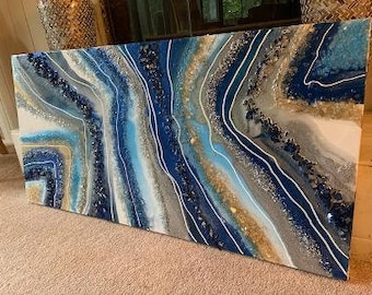 Glass Resin Geode Big to Huge Painting Quartz Stained Glass Original Abstract Blue Navy Silver Gold Crystal Foil Flow Sold Glass Je Hlobik