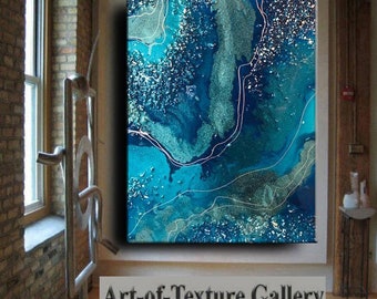 Glass Resin Agate Painting Custom Geode Original Abstract Modern Blue Aqua Teal Water Silver Leaf Glitz Crystal Sold Painting by Je Hlobik