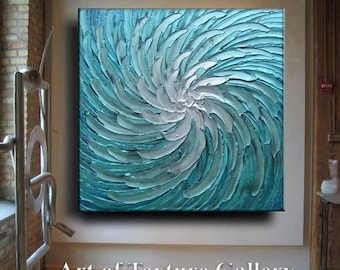 Custom 48 x 48 Painting Huge Original Texture Modern Blue Silver White Floral Metallic Carved Sculpture Knife Oil Painti
