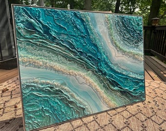 Ocean Water Resin Wall Geode Art Framed Painting Quartz Glass Original Abstract Modern Teal Blue Gray Crystal Foil Leaf Z Gallerie Hlobik