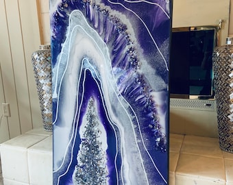 Geode Crystal Resin Glass Big Agate Abstract Modern Deep Purple Silver White Crystals Foil Leaf Flow Sold Earth Glass by Je Hlobik