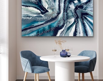 Abstract Quartz Selenite Resin Glass Painting Huge Water Ocean  Geode Abstract Silver White Crystals Foil Leaf Flow Sold Earth Glass Hlobik