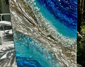 Ocean Quartz Resin Painting  Ready Glass Teal Aqua Blue Abstract Topography White Gift Crystal Water Flow Earth by Je Hlobik