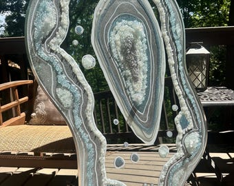 Crystal Resin Geode Mirror, Platinum Blue White Silver Crystal Anniversary, Geode Quartz, Geode, Z Gallerie, Gift, Functional Art, Je Hlobik