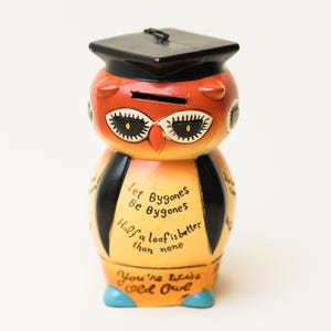Vintage 1960s Graduation Owl Piggy Bank by LEGO – Ceramic Coin Bank – Wise Owl with Cap – Mid-Century Gift – 6&quot; Tall – No Cracks