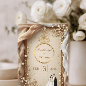 May include: Wedding invitation card with a gold frame, pearl embellishments, and a couple illustration. The card displays the names "Richheard & Anna" and the date "FEB 3 2025". The design includes gold rings and calligraphy.