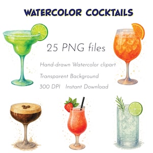 25 Aquarell Cocktail PNGs - Transparenter Hintergrund Drink Clipart - Margarita, Mojito, Martini, Aperol Spritz - digitaler Download