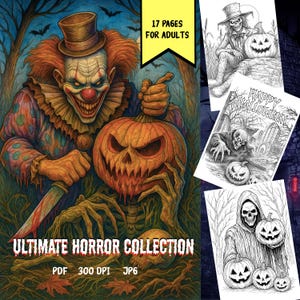 17 Horror Coloring Pages for Adults – Creepy Halloween PDF, Scary Clown, Haunted Pumpkin, Dark Art Printables, Digital Download