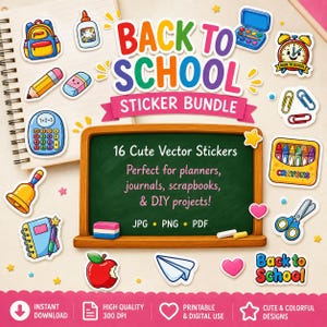 Könnte beinhalten: Eine Sammlung von 16 niedlichen, farbenfrohen Vektor-Stickern zum Thema 'Schulanfang'. Enthält Bilder von Schulmaterialien wie Rucksack, Bleistift, Taschenrechner und Buntstiften. Perfekt für Planer, Journale, Scrapbooks und DIY-Projekte.