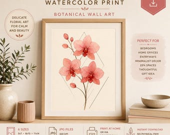 Lámina de orquídea rosa en acuarela: Arte botánico minimalista para pared (Descarga digital)