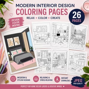 Libro para colorear de interiores modernos: 26 páginas imprimibles para decoración del hogar / Descarga en PDF y JPEG