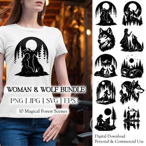 Woman & Wolf Silhouette Bundle 10 Mystical Forest Scenes | svg png eps jpg | Cricut  Printable Art