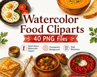 40 Watercolor Food Clipart | Hand-Painted PNG Bundle | Transparent Background | Cooking, Recipes, Menu, Kitchen Illustrations