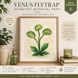 May include: A framed watercolor print featuring a geometric illustration of a Venus flytrap plant. The artwork showcases green leaves and traps against a beige background. The print is labeled "Venus Flytrap Geometric Botanical Print" and is available in multiple sizes.