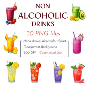 Könnte beinhalten: Aquarellillustration verschiedener alkoholfreier Getränke, darunter Smoothies und Cocktails, mit Früchten und Garnierungen. Das Bild enthält den Text "NON ALCOHOLIC DRINKS" und "30 PNG files".