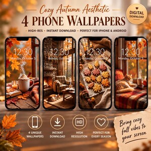 Gezellige herfst telefoonbehang - herfst, mokken, katten (digitale download)