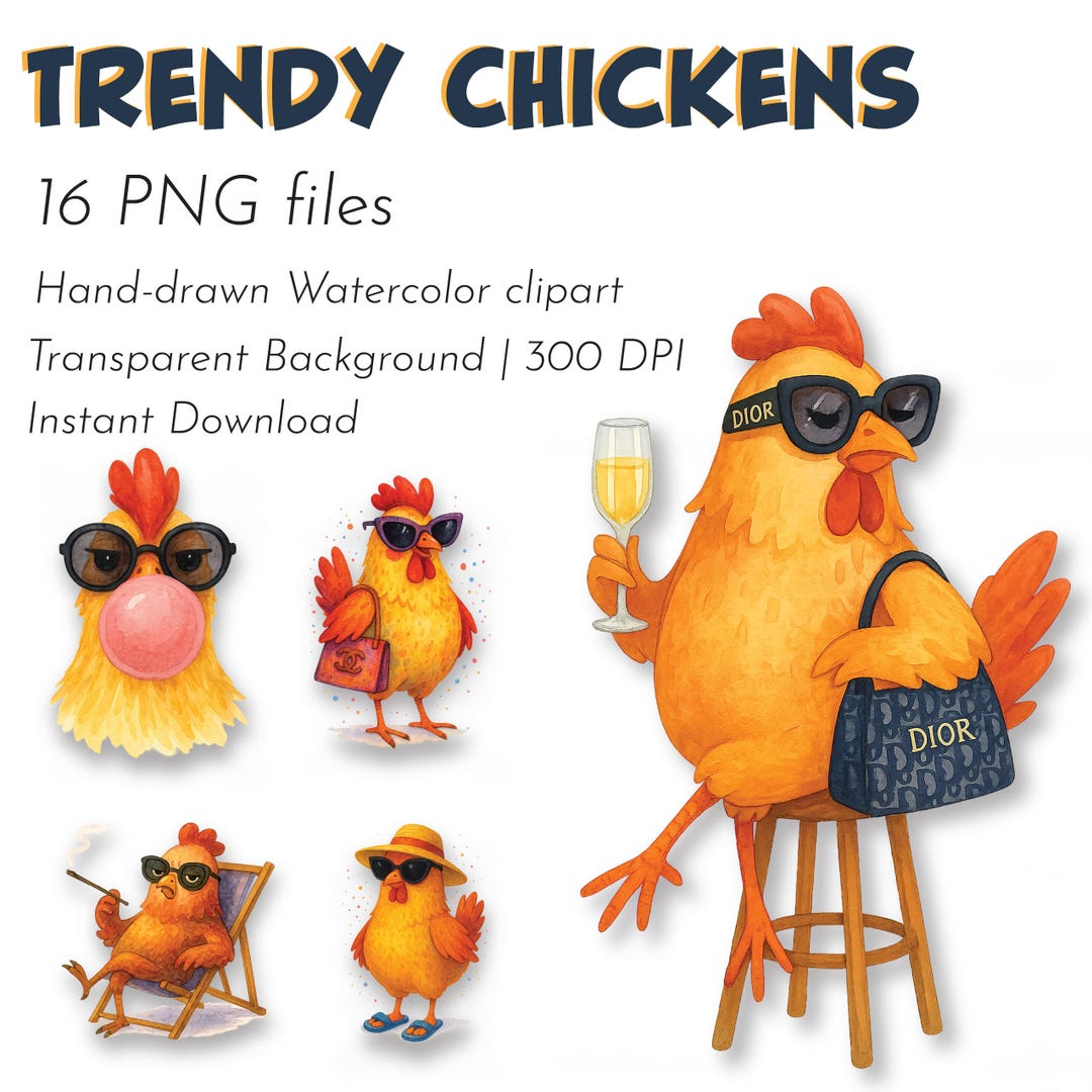 Fashion Hen Watercolor Clipart: Funny Hen Stickers (digital Download ...