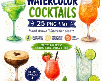 Imágenes prediseñadas de cócteles de acuarela: margarita, mojito y martini (descarga digital PNG)