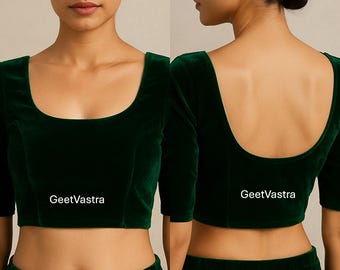Camicetta per sari in velluto verde fatta a mano con scollo a U, modelli di camicetta per sari a mezza manica,
