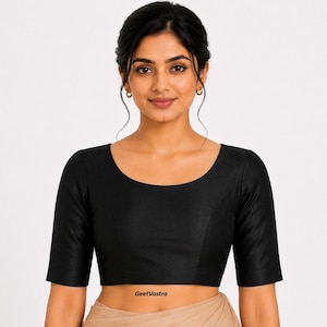 Black Saree Blouse for Women, Round Neck Deep U Back Hook Blouse Ready to Wear Indian Blouse  Half Sleeve Ethnic Blouse Wedding & Party Wear