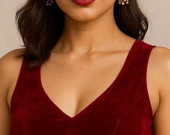 May include: A woman in a deep red velvet V-neck top. The top is tailored and features the text "GeetVastra". She wears gold earrings, has dark hair, and red lipstick. A close-up shot.
