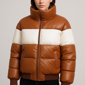 Jaqueta Puffer Colorblock Marrom e Branco | Casaco Feminino de Couro Sintético Acolchoado para Inverno | Jaqueta Bomber Grande e Quente | Casacos Modernos para Streetwear