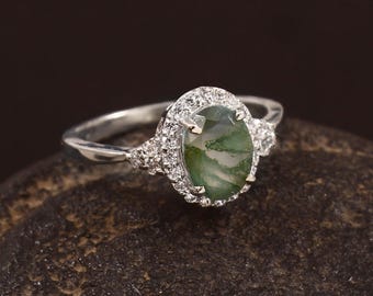 Handmade Moss Agate Ring: 925 Sterling Silver Oval, CZ Accents