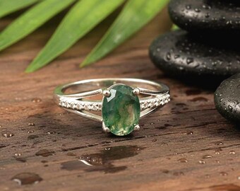 Handmade Oval Moss Agate 925 Silver Ring with CZ