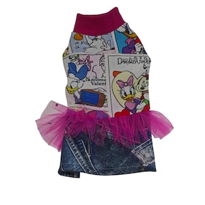Vestito per cani con stampa a fumetti - Grazioso vestito in tulle e denim per animali domestici / Vestiti in stile cartone animato per cani di piccola taglia / Fatto a mano in Europa
