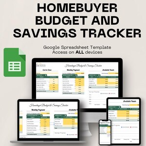 Può includere: Grafica digitale che mostra un modello di foglio di calcolo "Homebuyer Budget and Savings Tracker" su più dispositivi. I dispositivi includono un laptop, un monitor desktop, un tablet e uno smartphone. Il testo recita "Google Spreadsheet Template. Access on ALL devices."