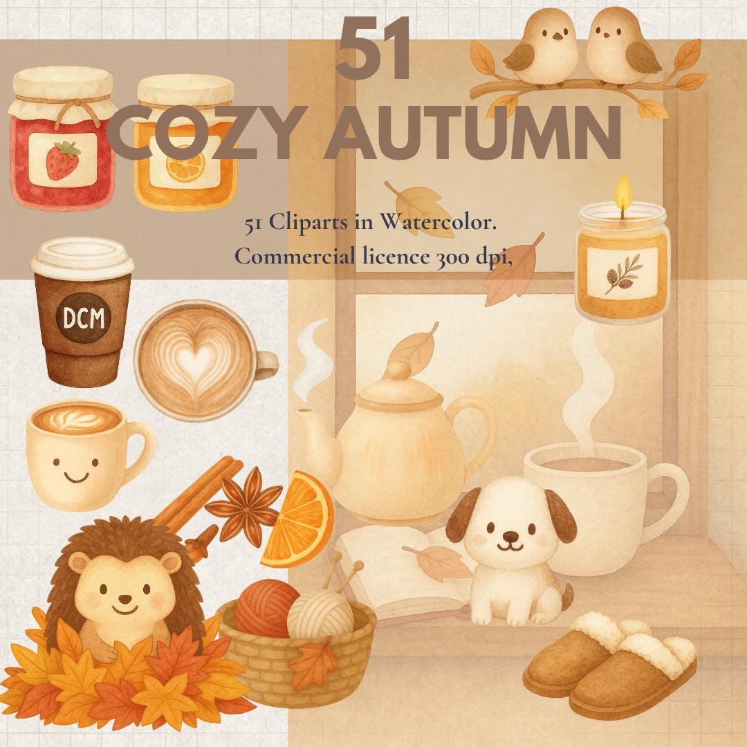 Cozy Autumn Clipart Bundle 51 Fall PNG Digital Download, Cute Fall ...