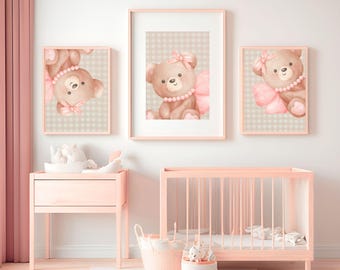 Teddy Bear Nursery Print Set: Pink Baby Girl Room Decor (Digital Download, PDF