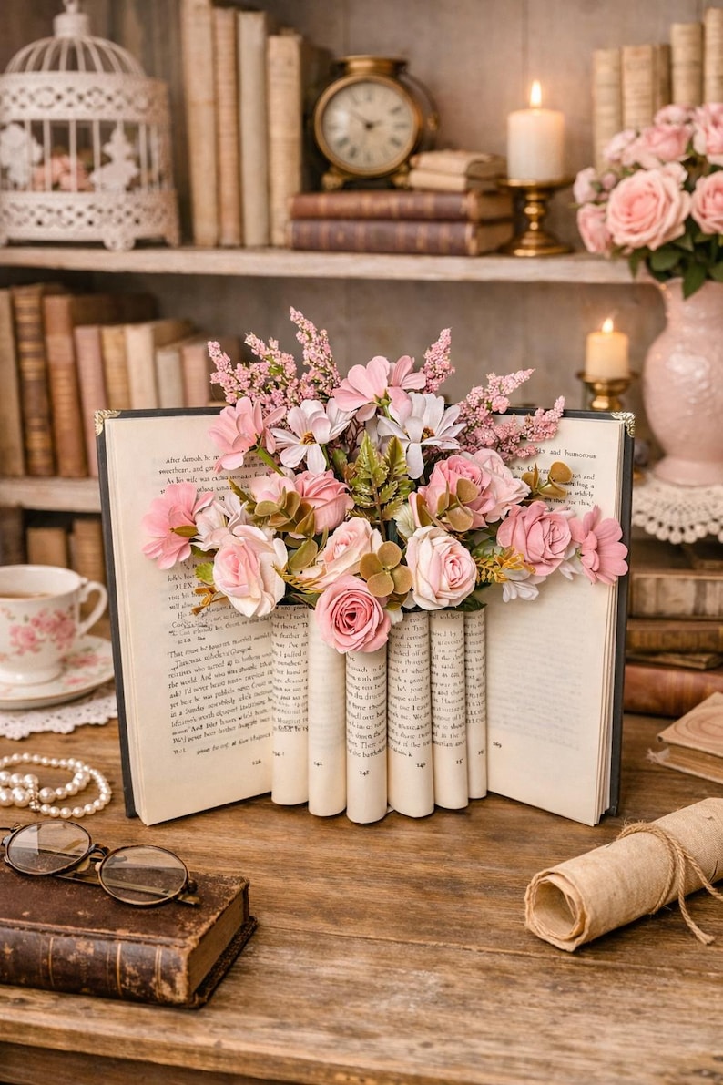 May include: An open book with pages rolled into columns, holding an arrangement of pink and white flowers. The floral display includes roses and other blossoms. The scene is set on a wooden surface with books and decorative items in the background.