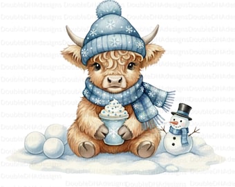 May include: A watercolor illustration of a Highland cow calf wearing a blue hat and scarf with snowflake designs, holding a hot chocolate. A snowman with a top hat and scarf is to the right, and snowballs are to the left.