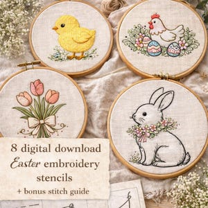 Easter Embroidery Stencil Kit, Cottagecore Bunny Chick Egg Floral Pattern Bundle (Digital Download)