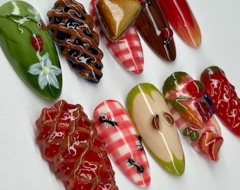 3D Picnic Press On Nails | 3D Fruit Nail | Picnic Summer Nails | Picnic Nail Art | 3D Food And Sandwich Nail Art | Bug Nails