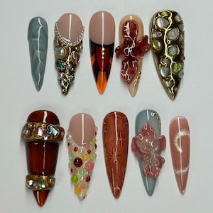 3D Maximalist Nails | 3D Flower | Gold Nail Art | Bling Press On Nails | Ceramic Nail Art | Stained Glass Nails | Long Nails