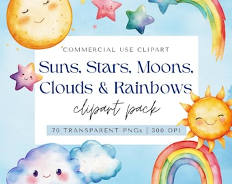 70 Kawaii Suns, Moons, Stars, Rainbows Clipart PNG Images (Digital Download)