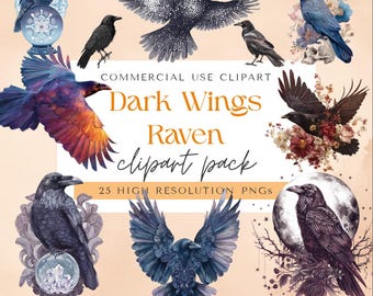 25 cliparts corbeau, oiseaux noirs, images PNG haute résolution (téléchargement instantané)