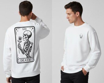 Sudadera de Halloween con tarot de la muerte, esqueleto de bruja, cuello redondo, temporada espeluznante
