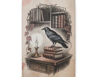 Raven & Books Canvas Print, Dark Academia Gothic Home Decor