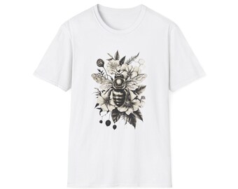 Bee & Flowers Floral  Graphic T-Shirt, Nature Lover Gift, Casual Wear, Eco-Friendly Tee, Spring Fashion, Botanical Art