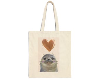 Cute Seal Love Canvas Tote Bag, Eco-Friendly Gift, Reusable Shopping Bag, Animal Lover Tote, Heart Art Bag