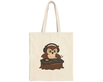 Fall seasonal Tote Bag - DJ Owl Cotton Canvas Tote Bag, Eco-Friendly Shopper, Gift for Music Lovers, Groovy Owl Design, Reusable Grocery Bag