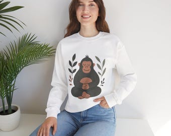 Cute Monkey Sweatshirt, Cozy Crew, Relaxation Gift, Unisex Apparel, Yoga Sweatshirt, Plant Lover Gift