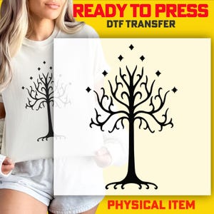 A woman wearing a white shirt with a black tree design on it, along with a yellow background and text indicating that it is a physical item.