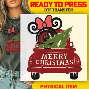 Christmas Car DTF Transfer: Red Truck, Tree & Castle Design