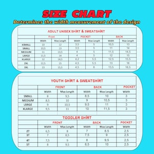 a size chart that determines the width measurement of the design, including adult and youth shirts and sweatshirts.