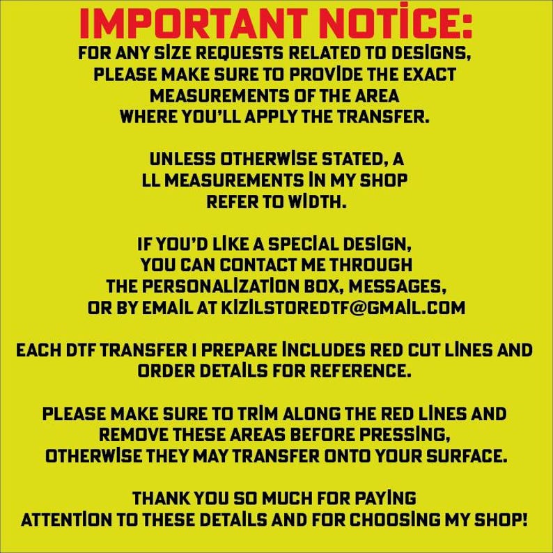a notice for a transfer service, providing specific instructions for customers regarding the size of their request and the measurements of the area where the transfer will be applied.